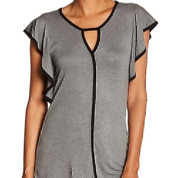 BOBEAU Solid Gray White Keyhole Cutout Short Flutter Sleeve Blouse Top Small SM - Picture 3 of 8